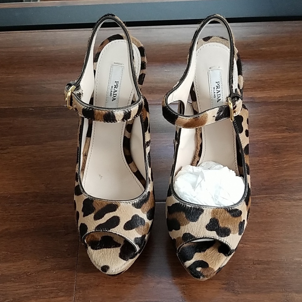 New Prada pony hair leopard Print pumps heels